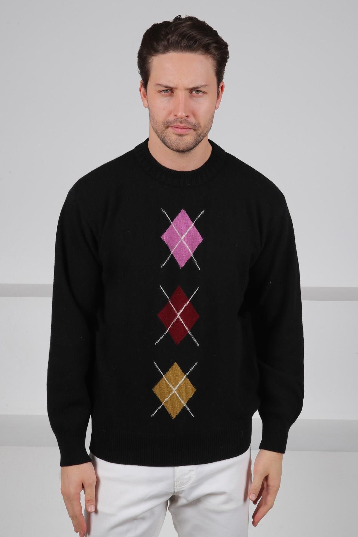 Ferraro Siyah/Lila Bisiklet Yaka Lila Bordo Desenli Uzun Kollu %100 Kuzu Yünü Erkek Triko Kazak