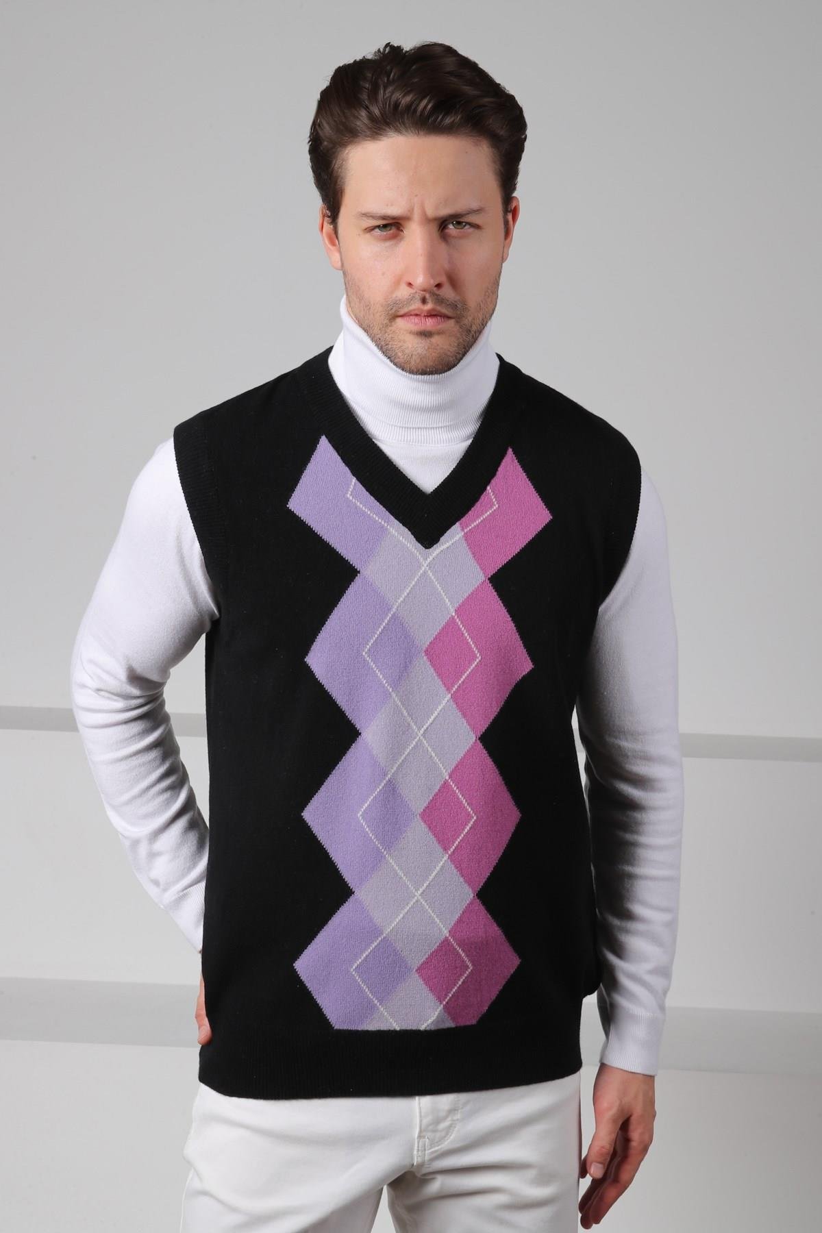 Ferraro Siyah/Lila V Yaka Diyagonal Desenli Uzun Kollu %100 Kuzu Yünü Erkek Triko Süveter