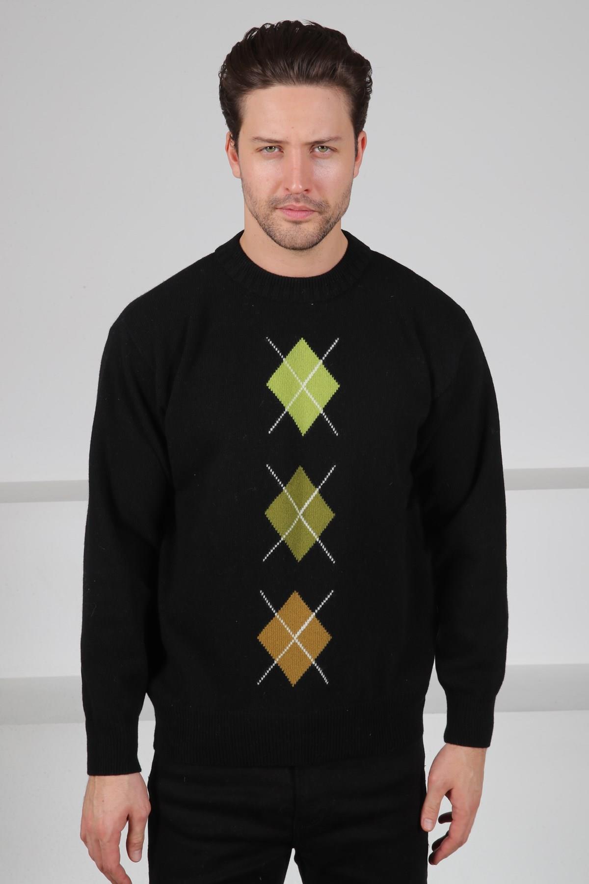 Ferraro Siyah/Yeşil Bisiklet Yaka Yeşil Hardal Desenli Uzun Kollu %100 Kuzu Yünü Erkek Triko Kazak