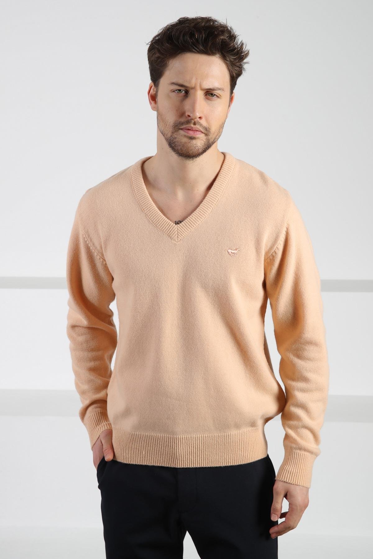 Ferraro Somon V Yaka Erkek Uzun Kollu %100 Kuzu Yünü Triko Kazak