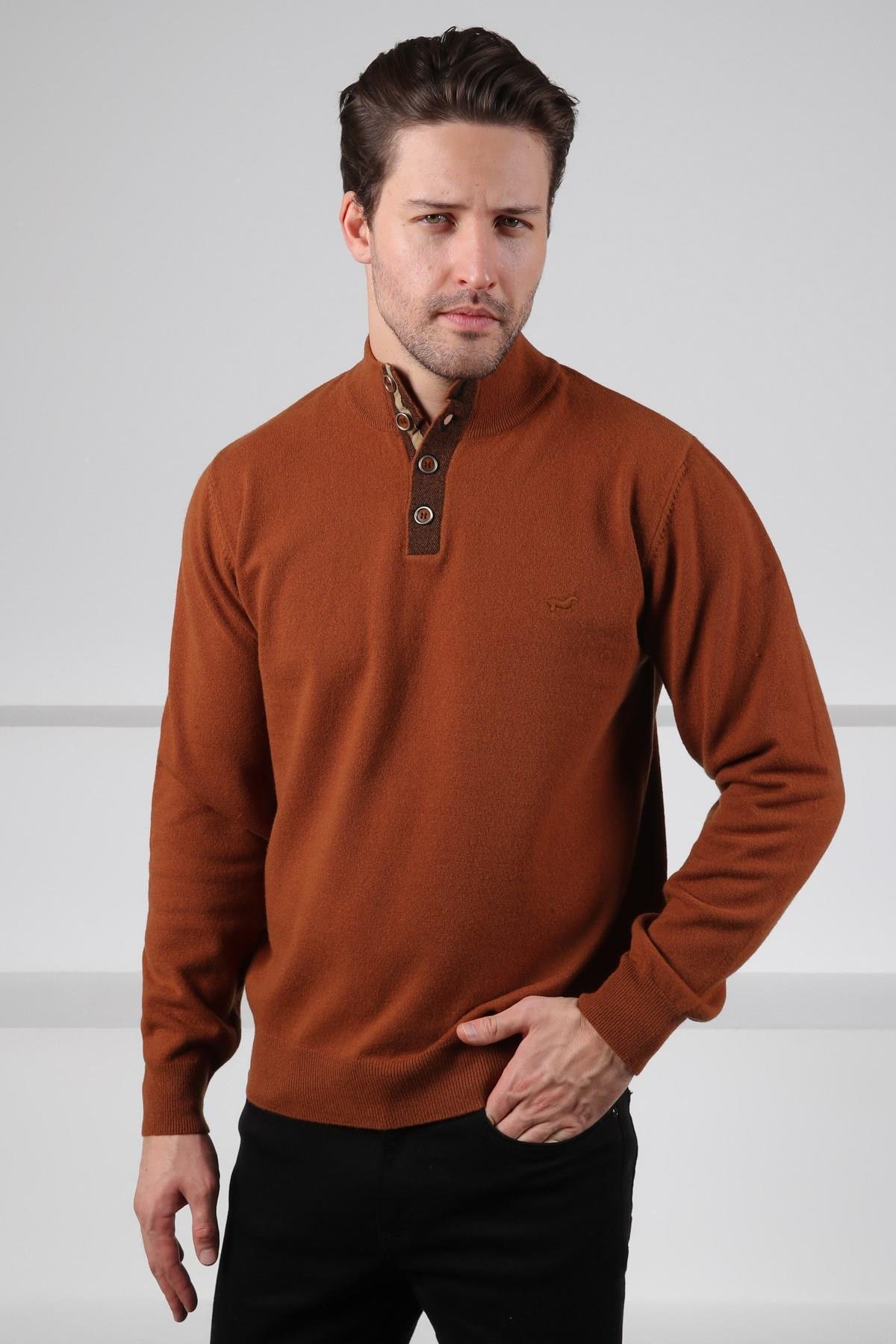 Ferraro Taba Düğmeli Yarım Balıkçı Yaka Uzun Kollu %100 Kuzu Yünü Erkek Triko Kazak