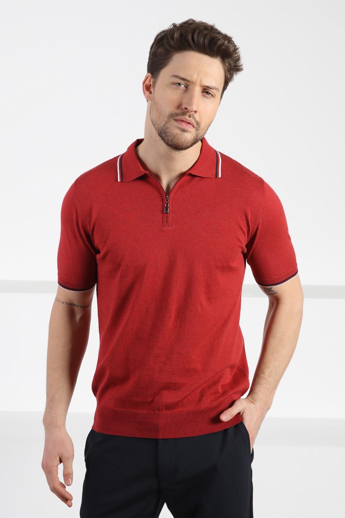 Ferraro Tarçın Polo Yaka Fermuarlı Erkek Pamuk Triko T-Shirt