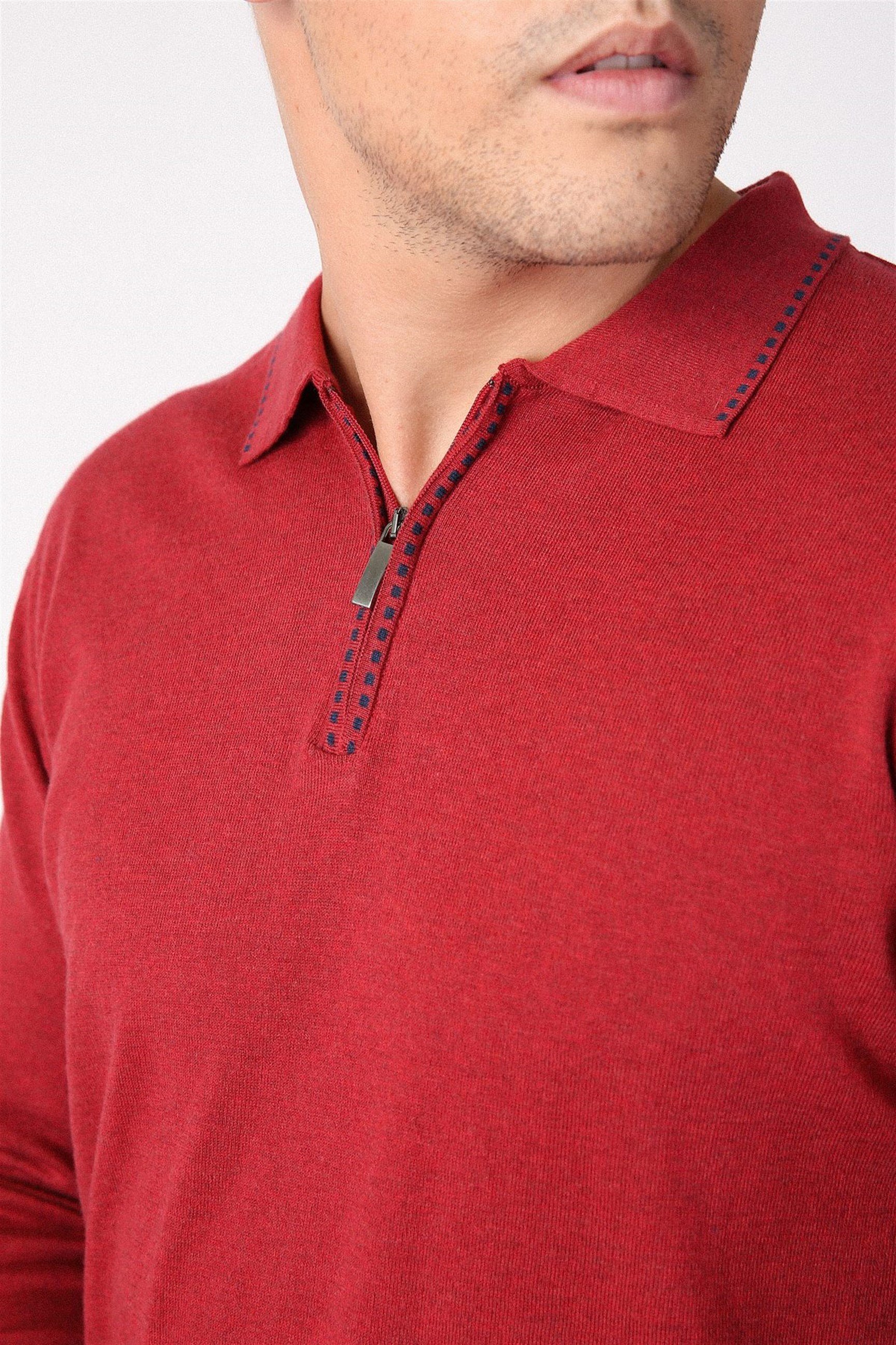 Ferraro Tarçın Polo Yaka Fermuarlı Erkek Pamuk Kazak