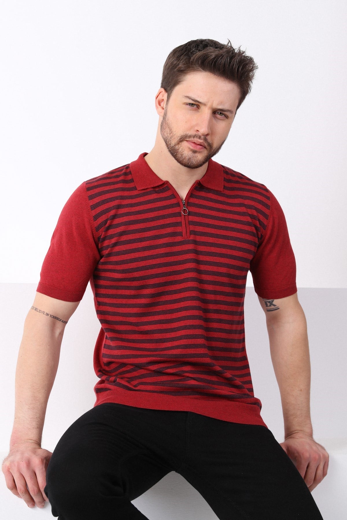 Ferraro Tarçın/Laci Polo Yaka Fermuarlı Erkek Pamuk Triko T-Shirt