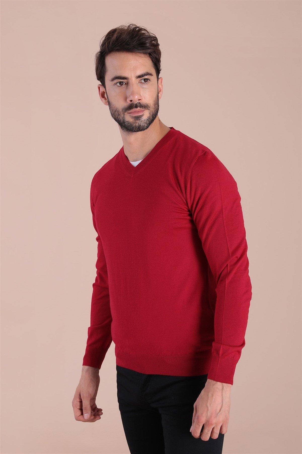 Ferraro V Yaka Superfine Yün Kazak - Kırmızı