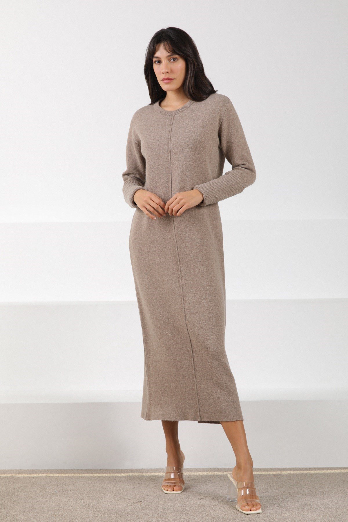 Ferraro Vizon Arkadan Yırtmaçlı Midi Boy Kaşmirli Kadın Triko Elbise