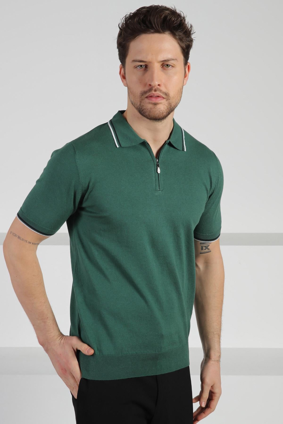 Ferraro Yeşil Polo Yaka Fermuarlı Erkek Pamuk Triko T-Shirt