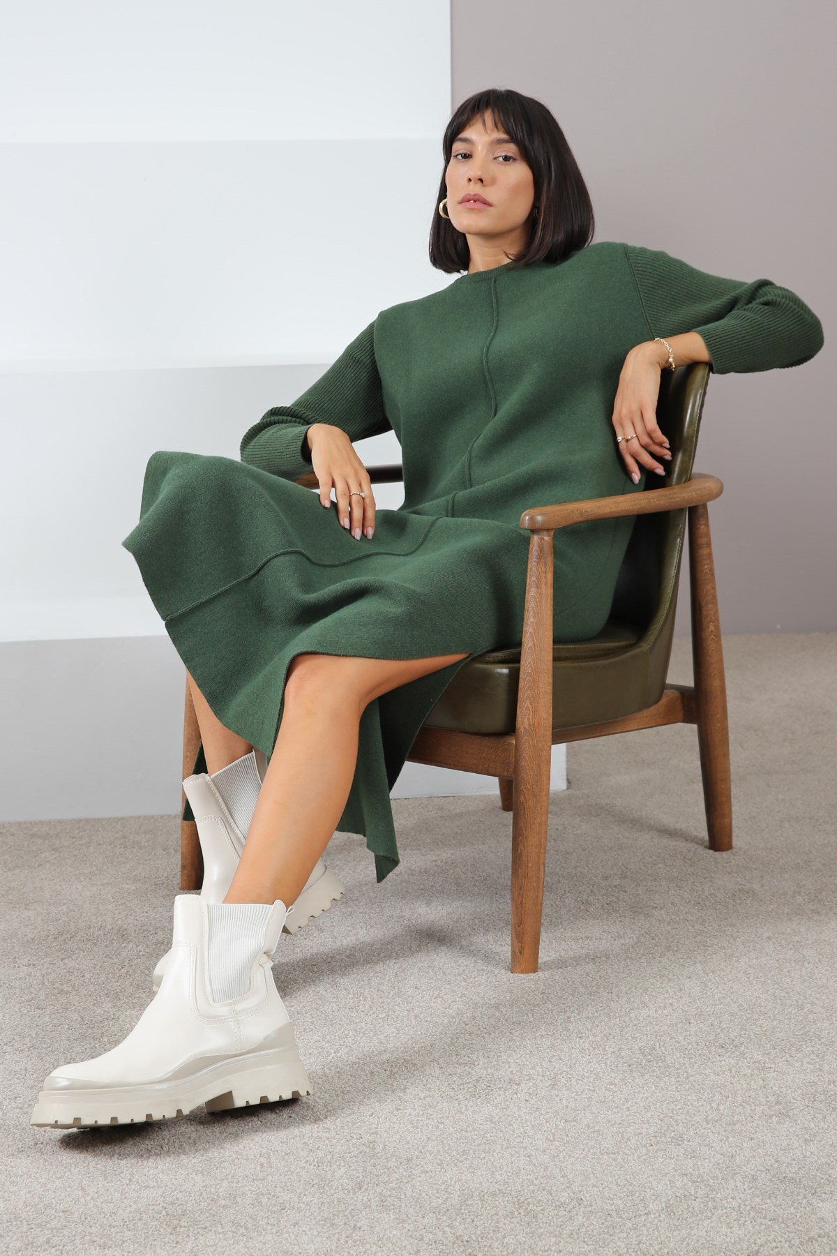 Ferraro Yeşil Yandan Yırtmaçlı Midi Boy Kaşmirli Kadın Triko Elbise