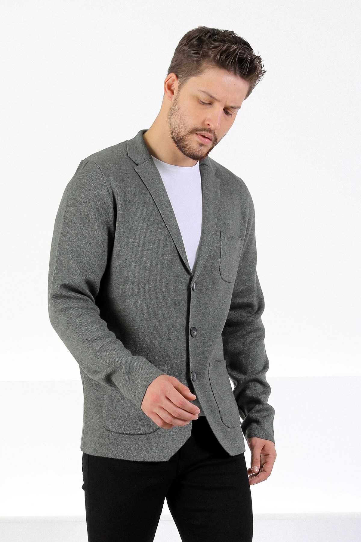 Ferraro Üç Düğmeli İnce Pamuk Triko Ceket - Haki Melanj | Erkek Giyim |  ModaFerraro