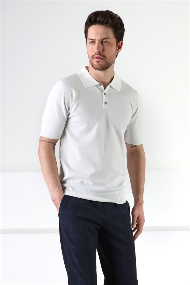 Ferraro Beyaz Düğmeli Polo Yaka Viskon Erkek Triko T-Shirt