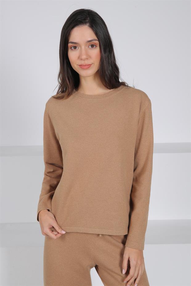Ferraro Camel Bisiklet Yaka Kolu Lastiksiz Kaşmirli Kadın Triko
