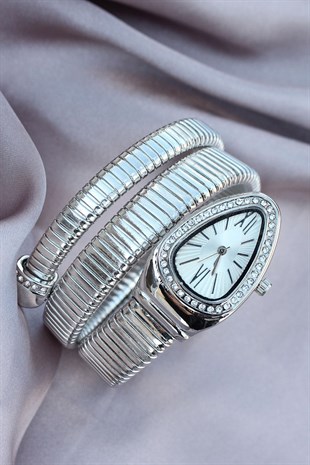 Yeni Sezon Gümüş Renk Roma Rakamlı Taşlı Yılan Model Kadın Saat