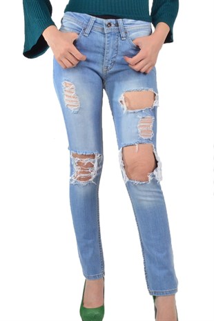 Yırtıklı Jeans Buz Mavisi Taşlama Pantolon