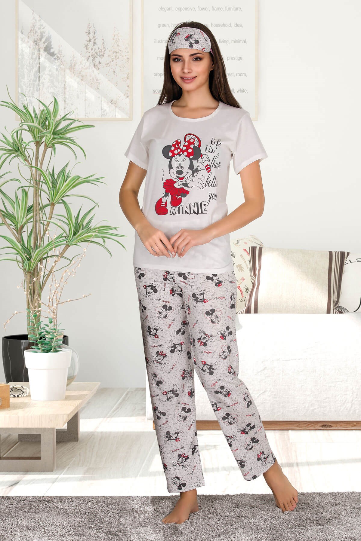 Kısa Kol Mickey Mouse Baskılı Kadın Beyaz Pijama Takımı - Marcoroni