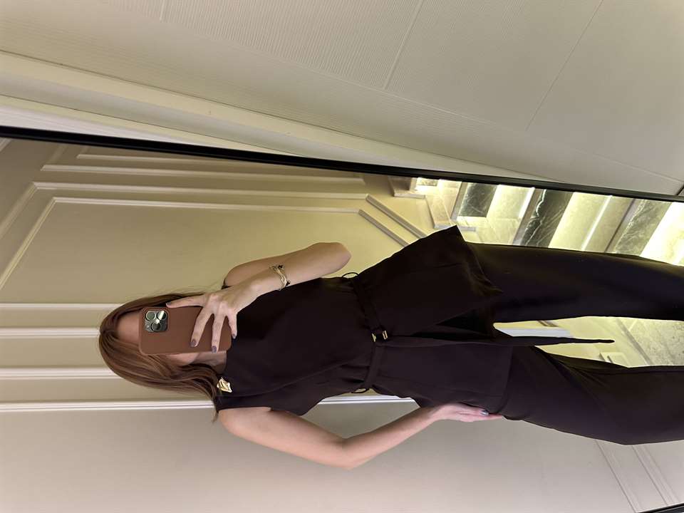 Acı Kahve Asimetrik Yelekli Kumaş Takım