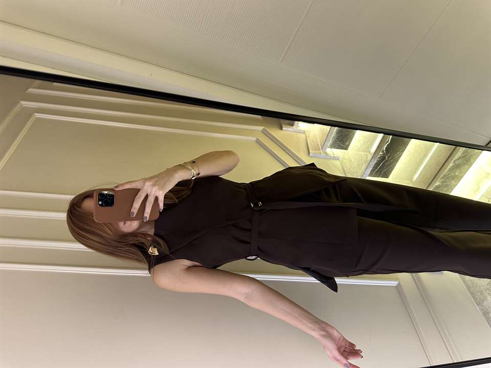 Acı Kahve Asimetrik Yelekli Kumaş Takım