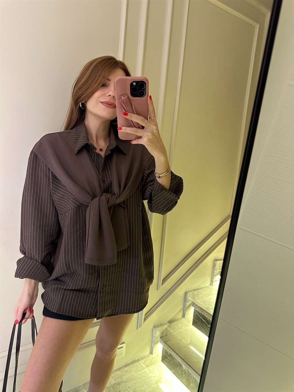 Acı Kahve Atkı Detay Çizgili Gömlek