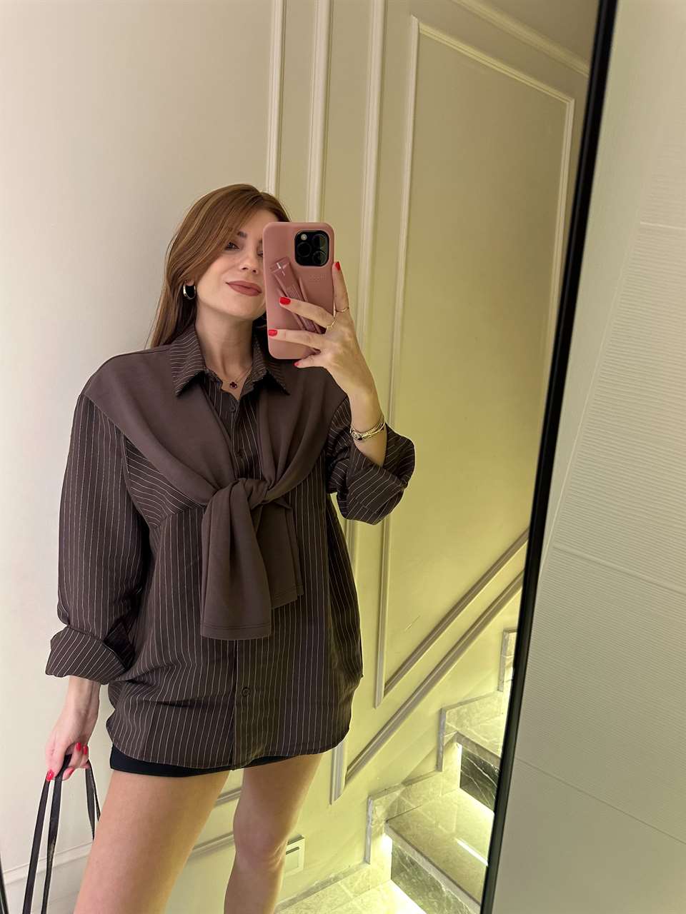 Acı Kahve Atkı Detay Çizgili Gömlek