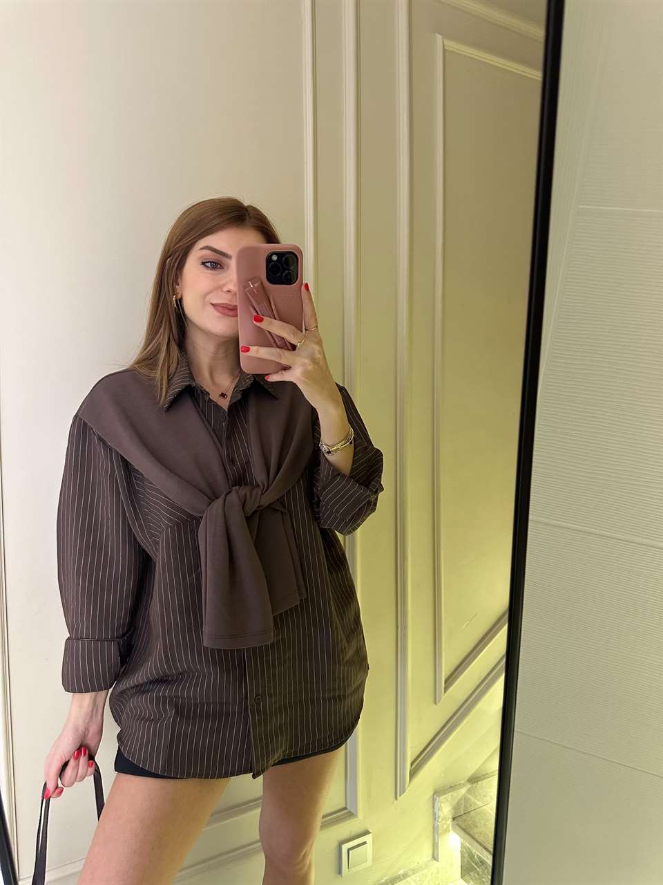 Acı Kahve Atkı Detay Çizgili Gömlek