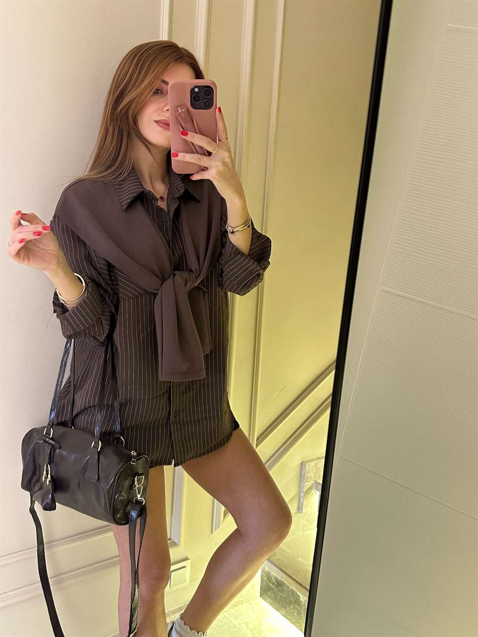 Acı Kahve Atkı Detay Çizgili Gömlek