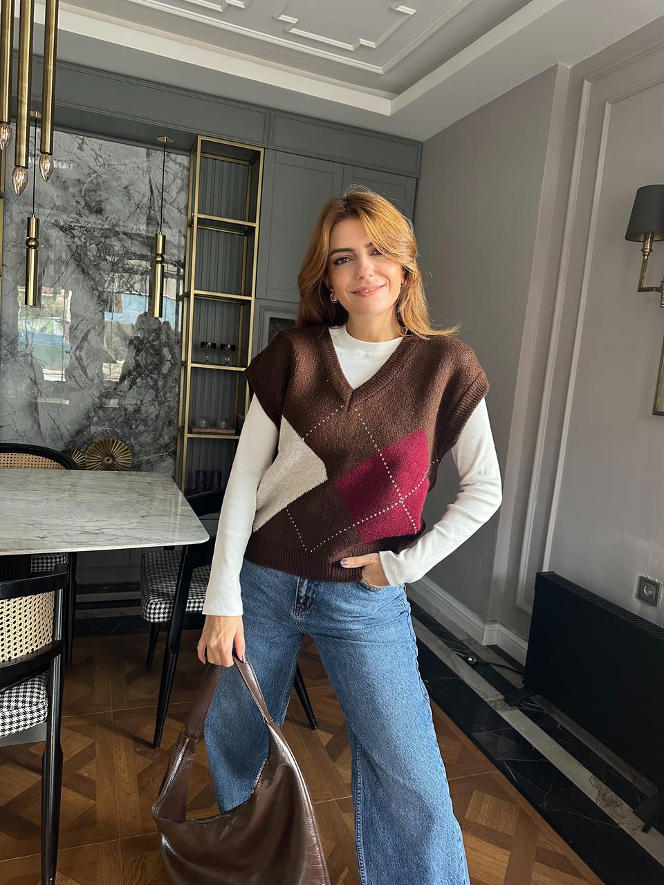 Acı Kahve Baklava Desen Süveter