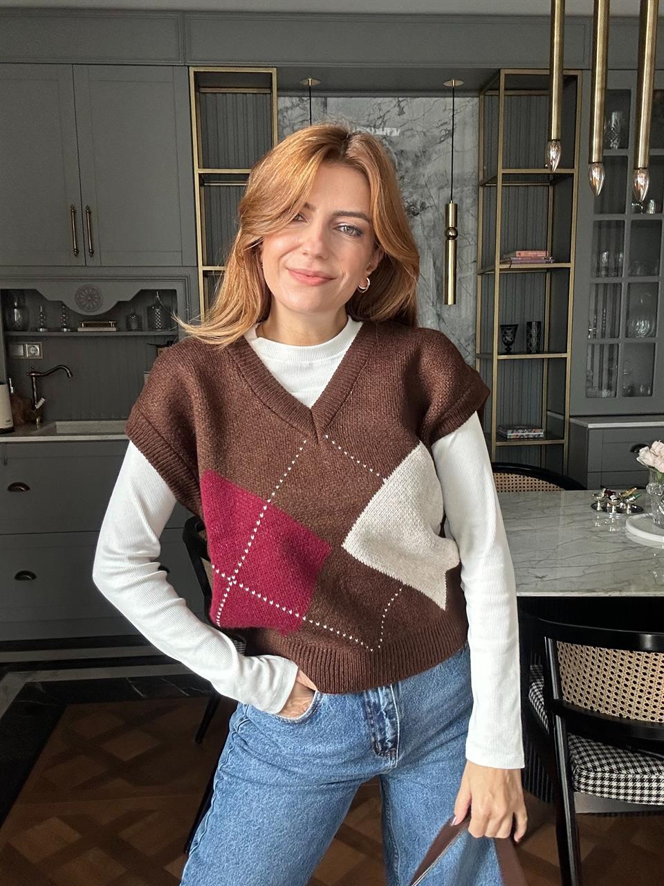 Acı Kahve Baklava Desen Süveter