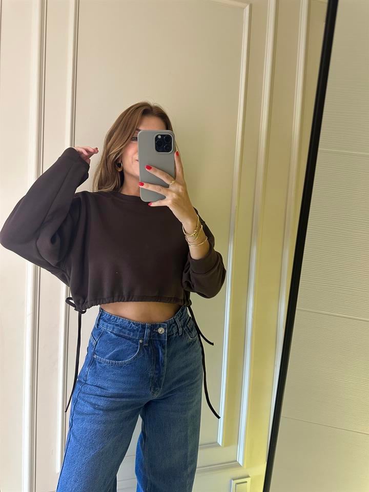 Acı Kahve Bel Büzgülü Crop Sweatshirt