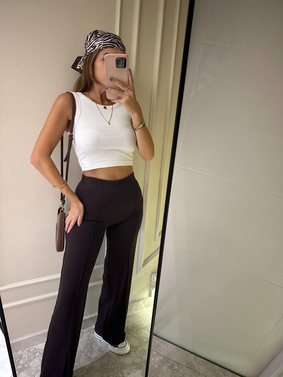 Acı Kahve Bel Lastik Çimalı Pantolon