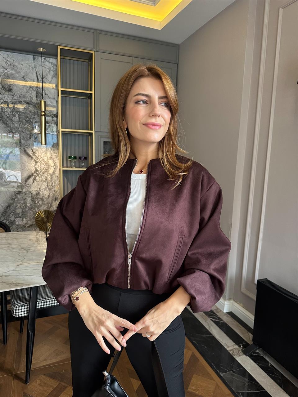 Acı Kahve Bisiklet Yaka Kısa Süet Mont