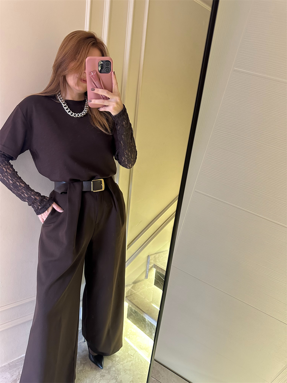 Acı Kahve Bol Paça Kemer Detay Pantolon