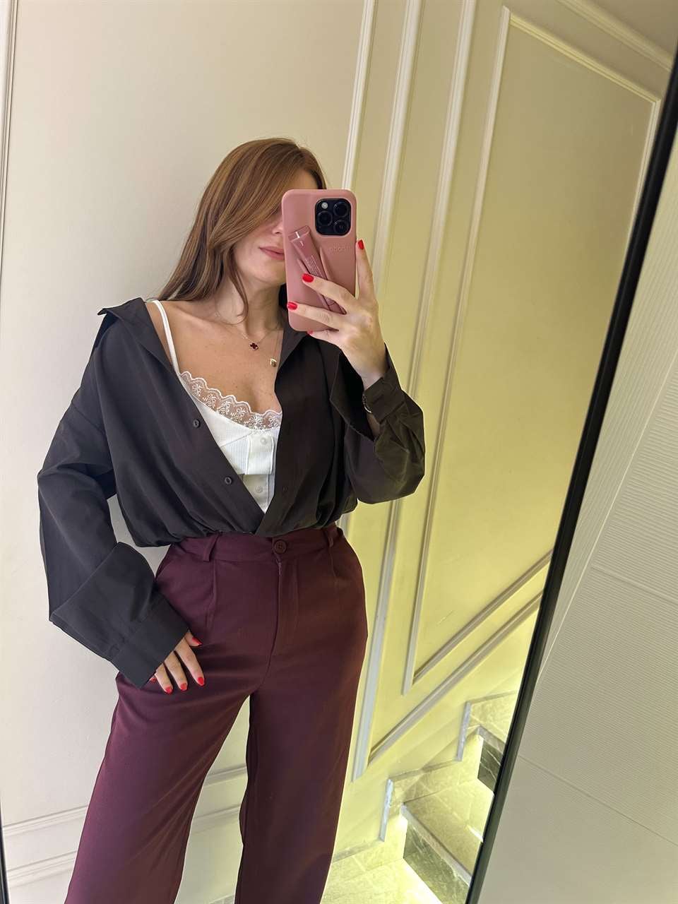 Acı Kahve Dantel Bluz Detay İkili Crop Gömlek