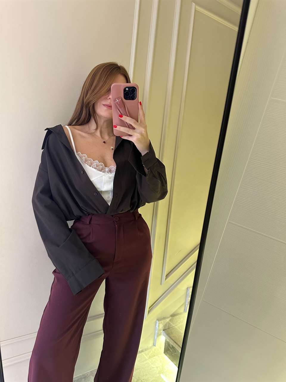 Acı Kahve Dantel Bluz Detay İkili Crop Gömlek