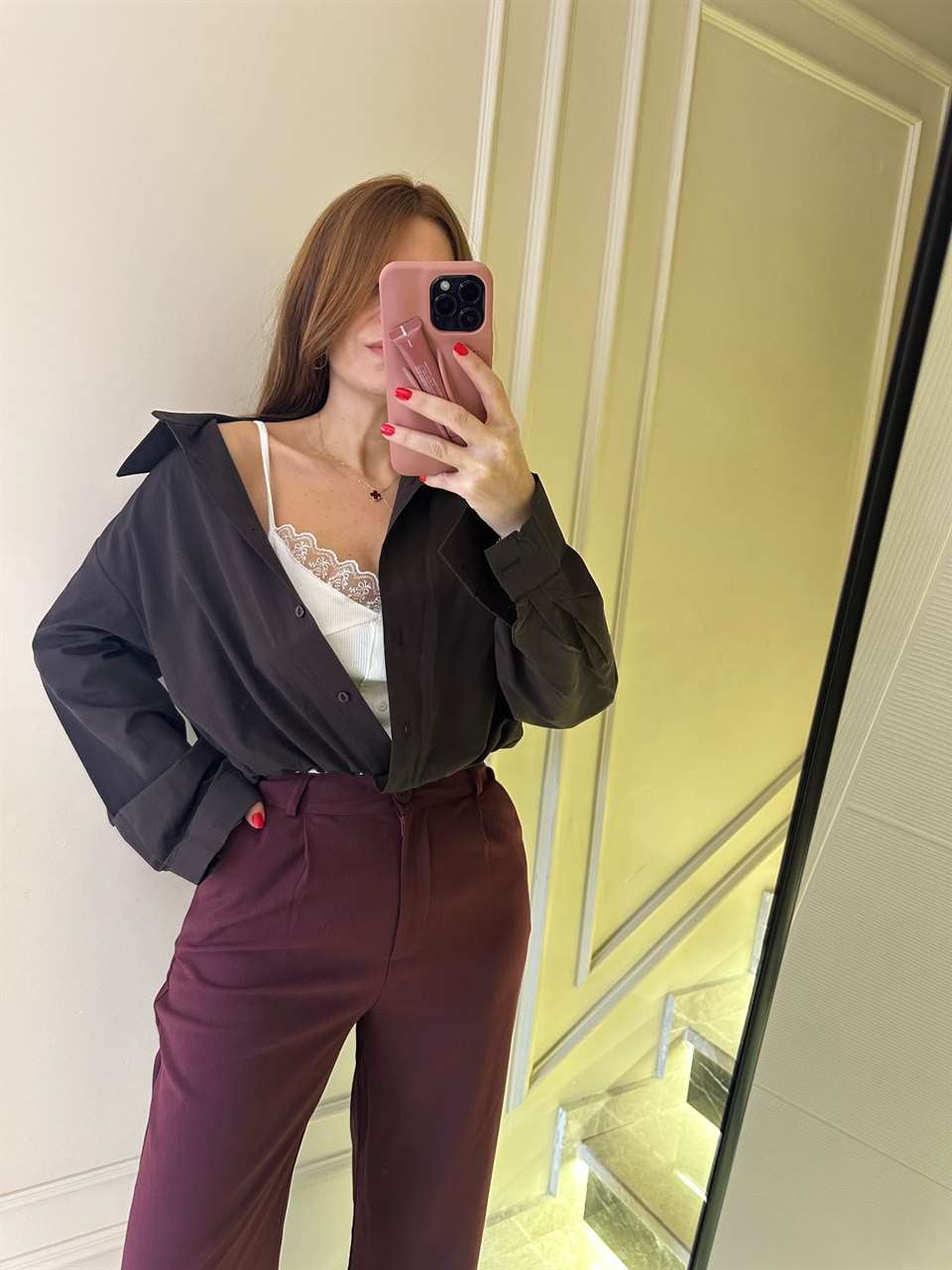 Acı Kahve Dantel Bluz Detay İkili Crop Gömlek