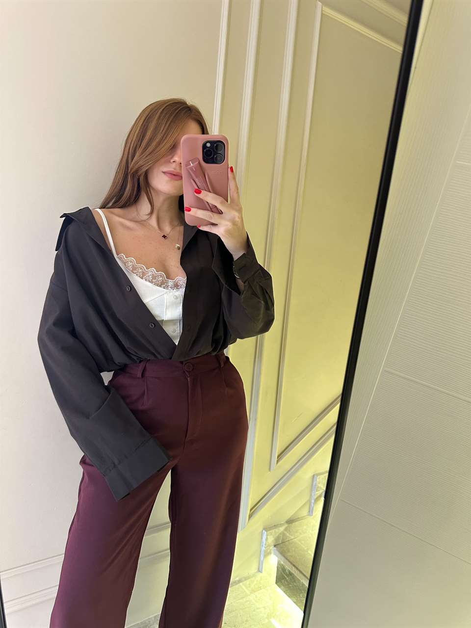 Acı Kahve Dantel Bluz Detay İkili Crop Gömlek