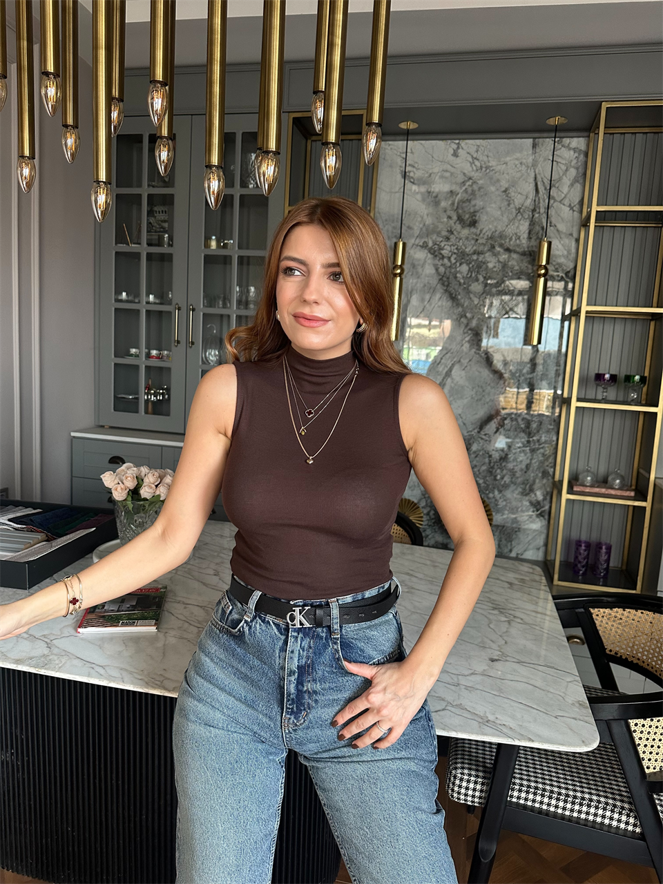 Acı Kahve Dik Yaka Pamuk Bluz