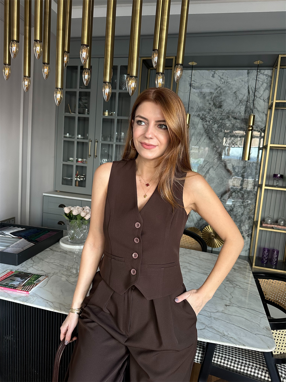 Acı Kahve Duble Kumaş Yelek