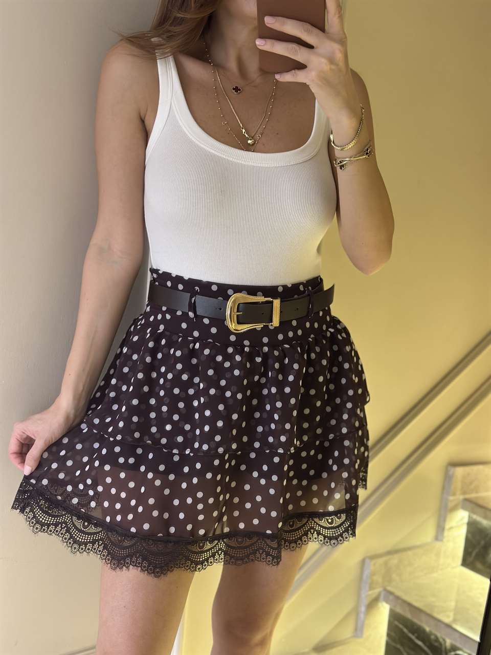 Acı Kahve Etek Ucu Dantel Puantiyeli Şortlu Etek