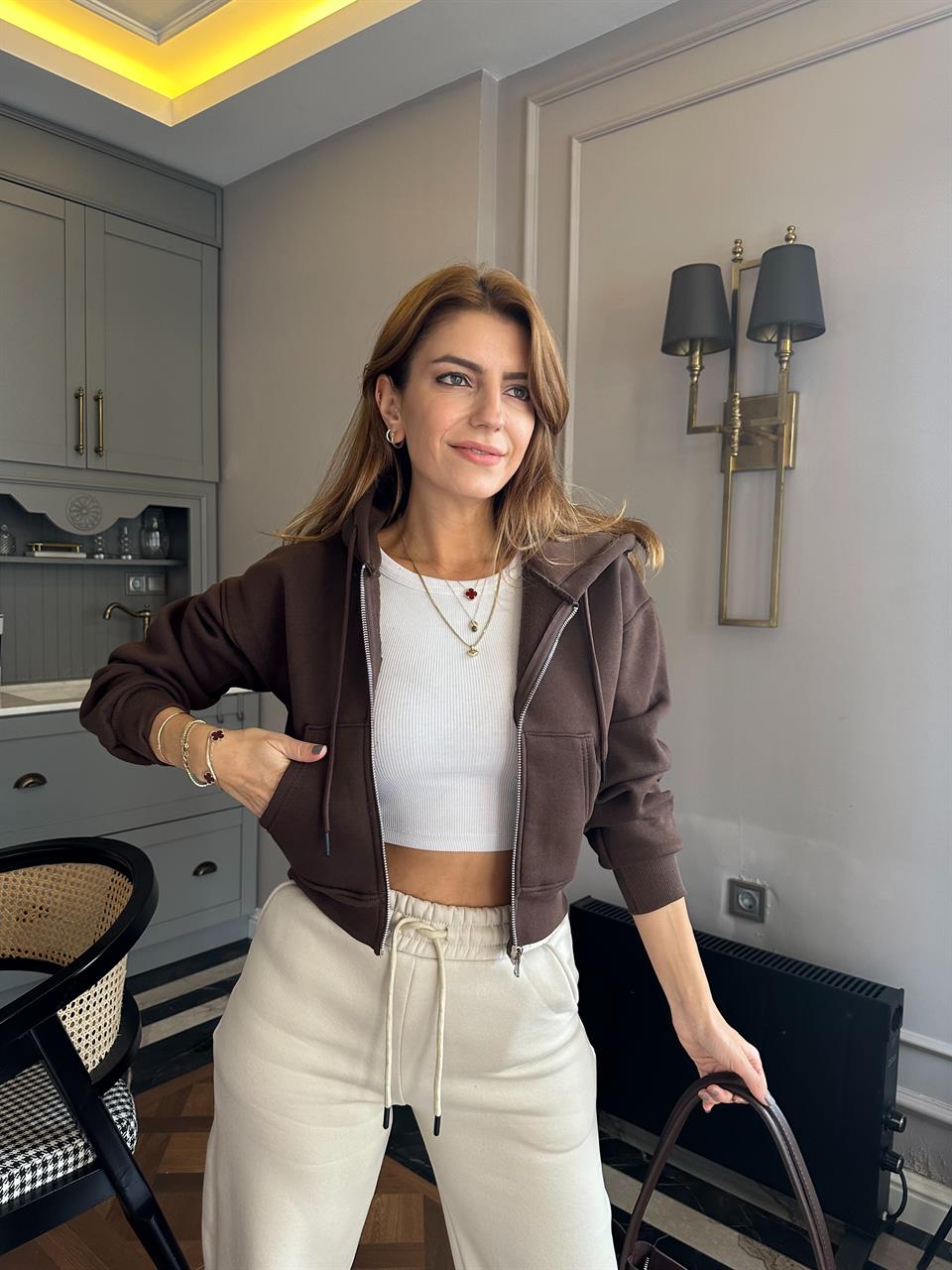 Acı Kahve Fermuarlı Crop Hırka