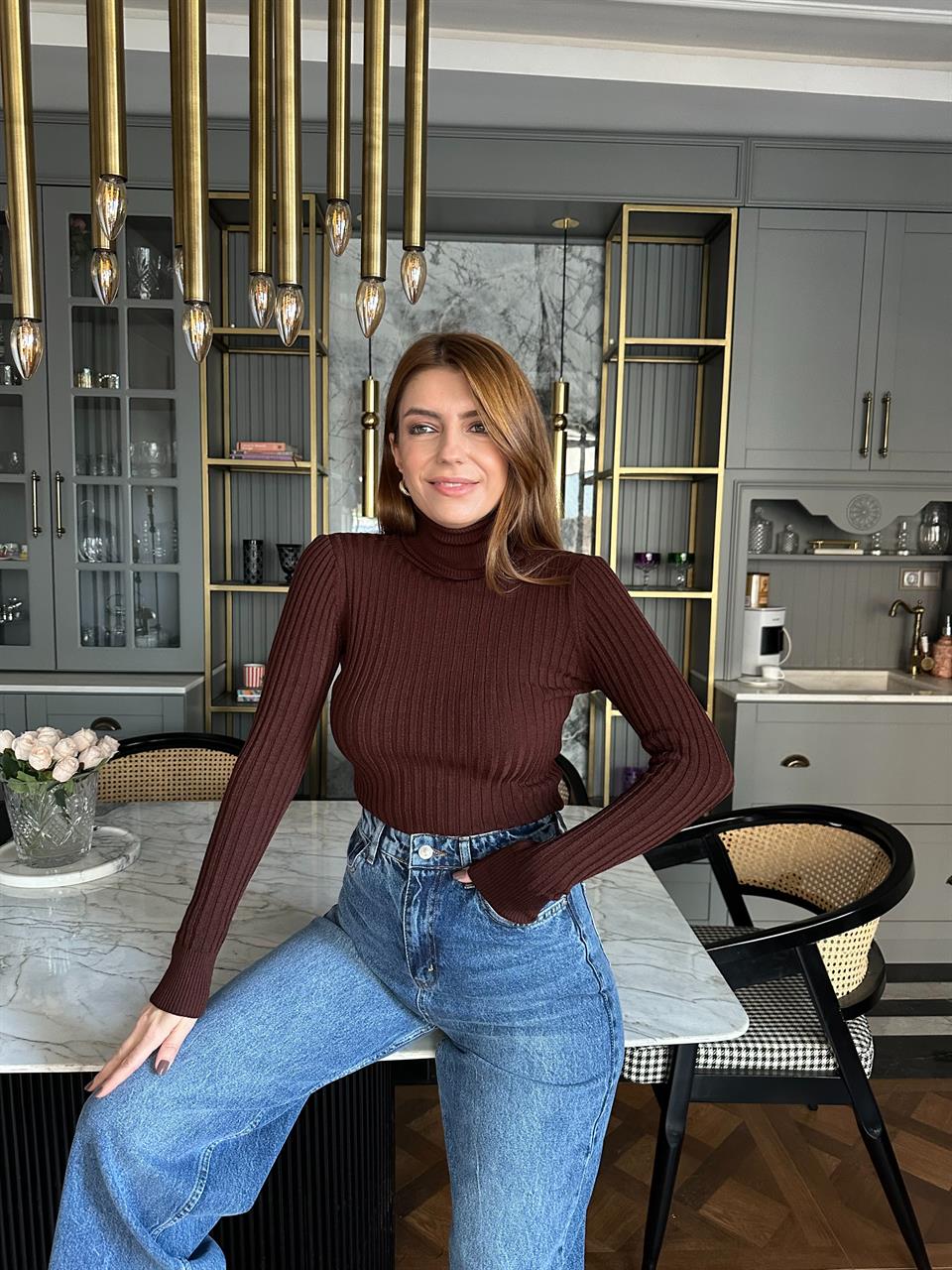 Acı Kahve Fitilli Balıkçı Yaka Triko