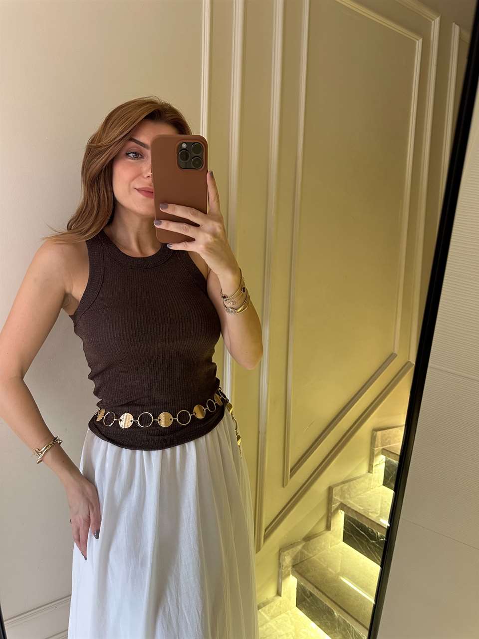 Acı Kahve Halter Yaka Kalın Biyeli Simli Atlet