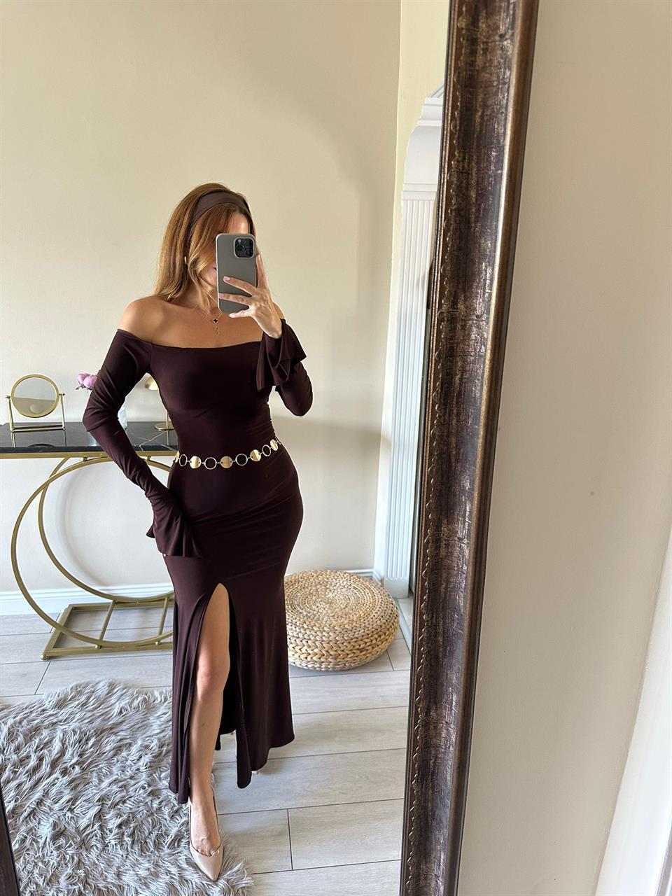 Acı Kahve İspanyol Kol Yırtmaç Detay Elbise