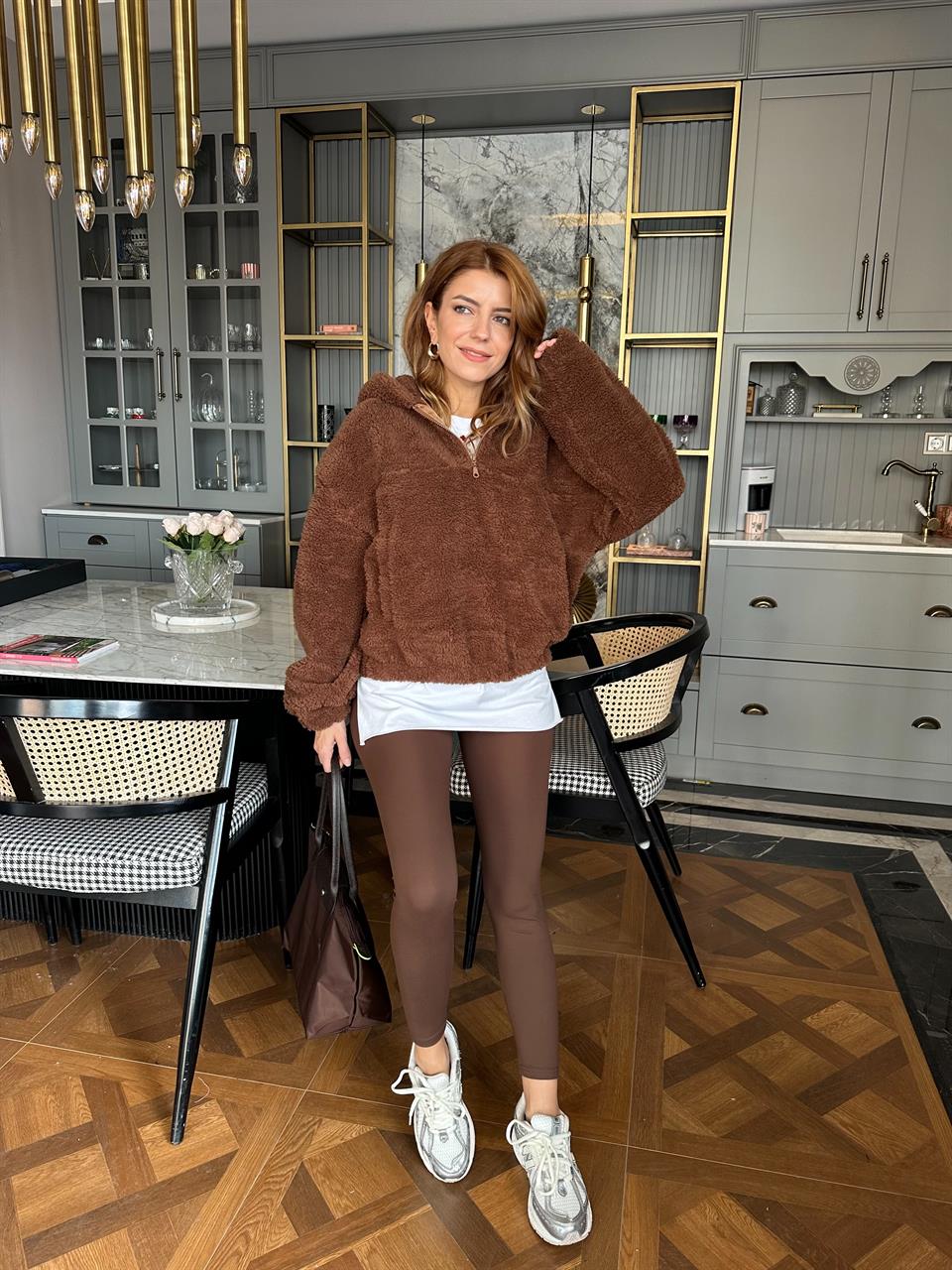 Acı Kahve Kapşonlu Yarım Fermuar Peluş Ceket