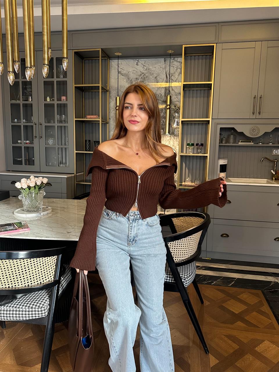 Acı Kahve Kayık Yaka Çift Fermuarlı Triko Hırka