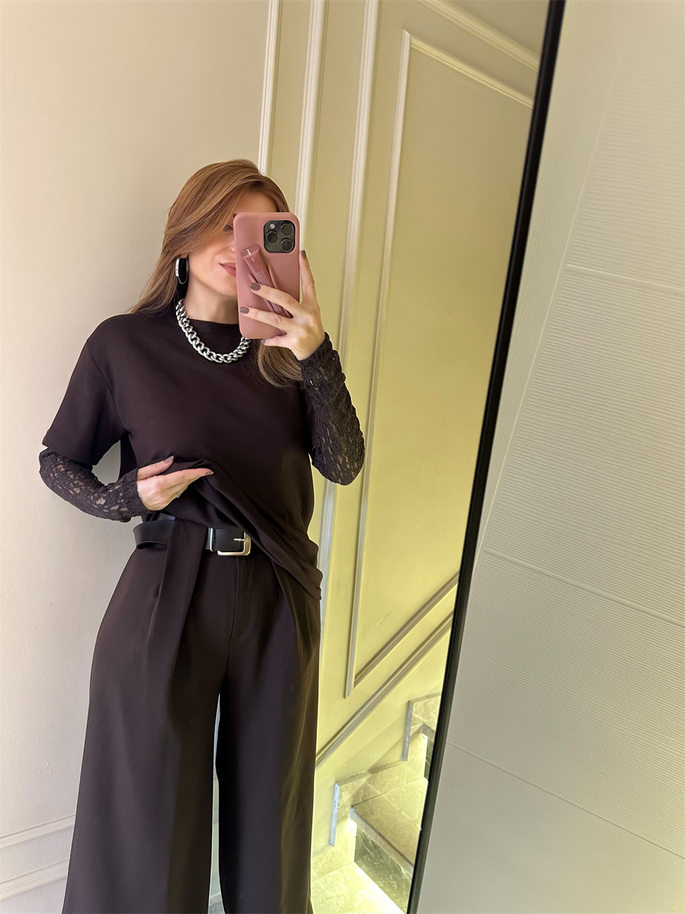 Acı Kahve Kol Güpürlü İkili Bluz