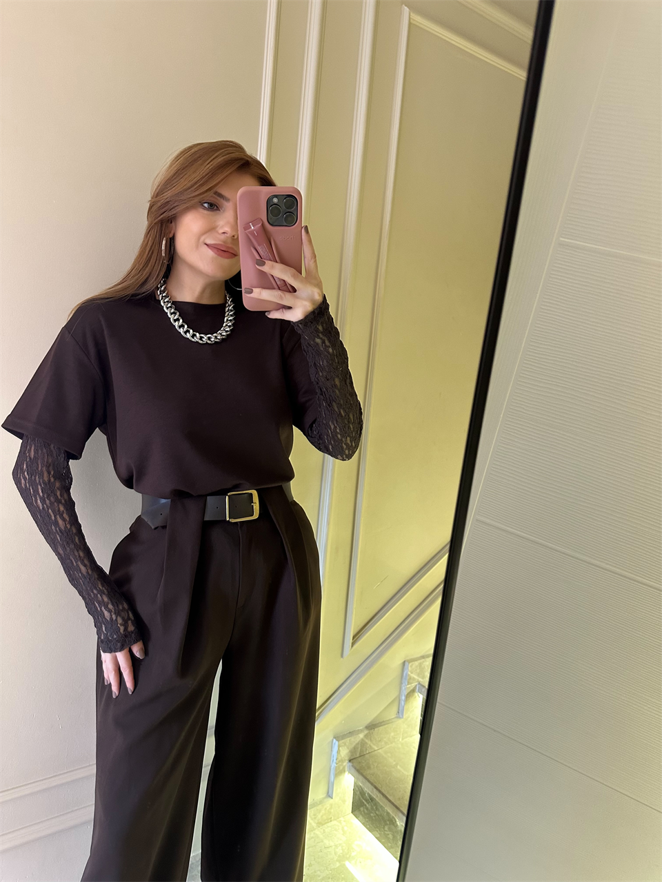 Acı Kahve Kol Güpürlü İkili Bluz