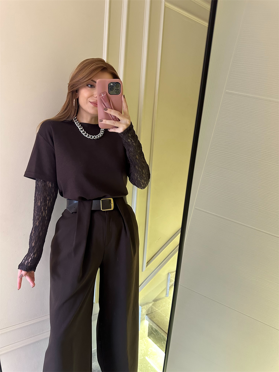 Acı Kahve Kol Güpürlü İkili Bluz