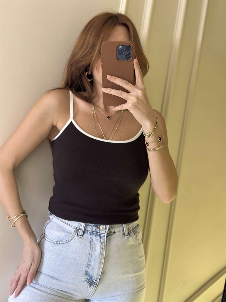 Acı Kahve Kontrast Şeritli Askılı Bluz