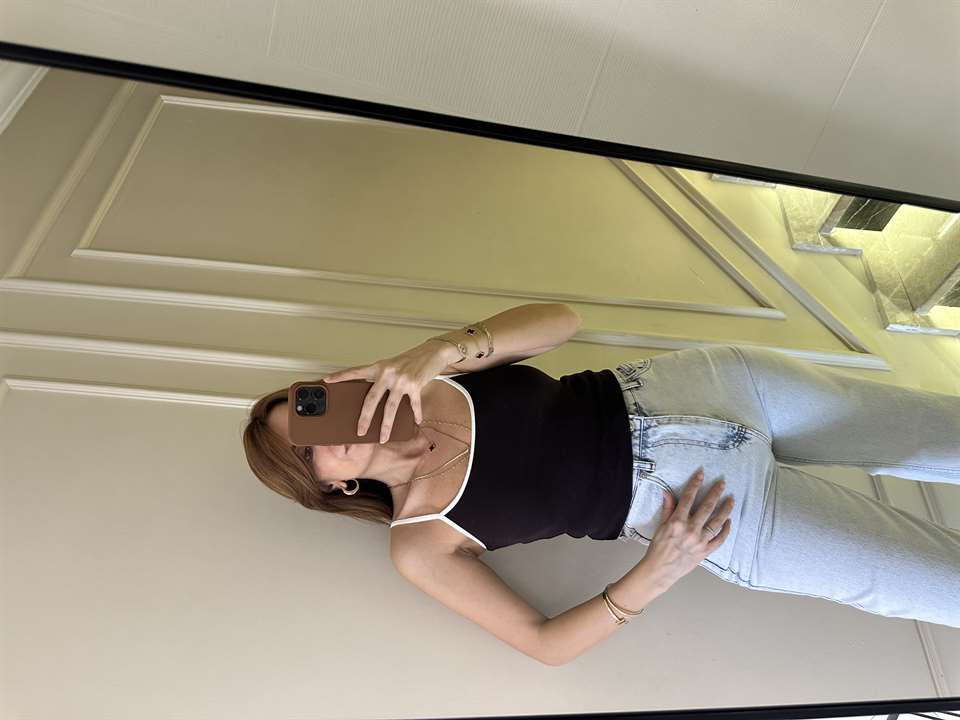 Acı Kahve Kontrast Şeritli Askılı Bluz