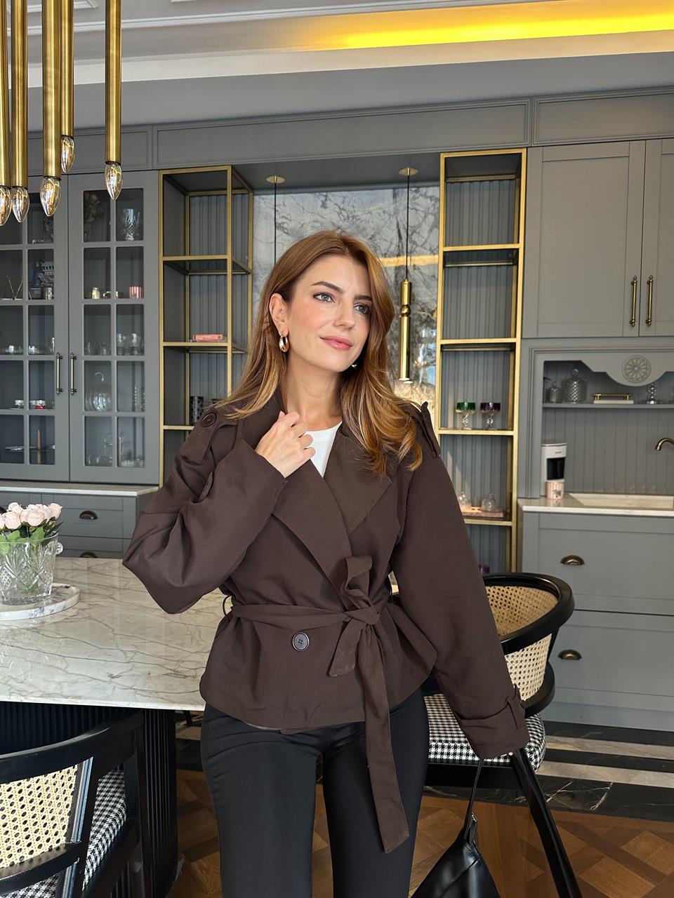 Acı Kahve Kruvaze Kuşaklı Trençkot