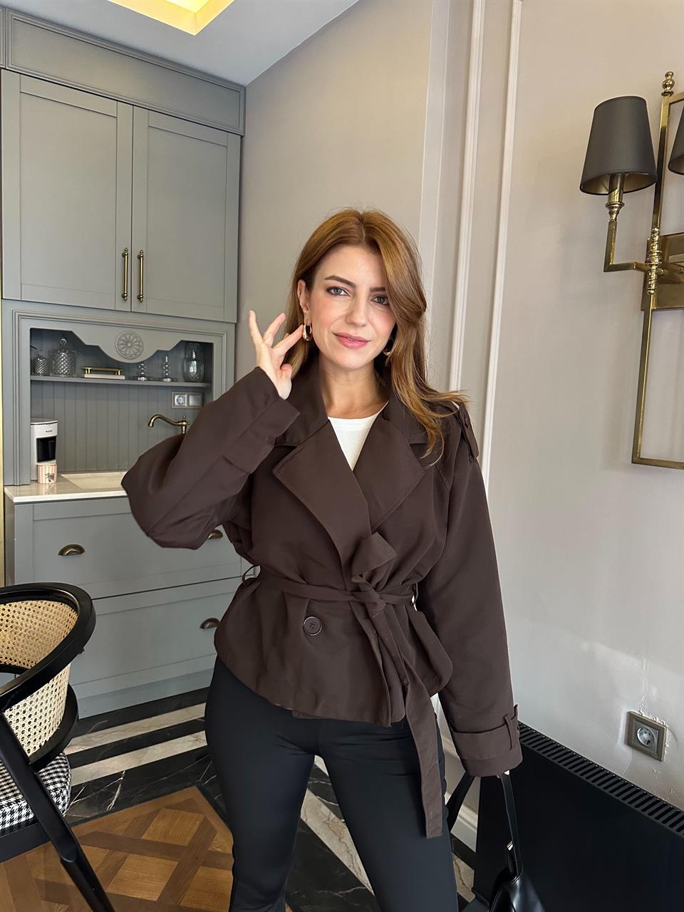 Acı Kahve Kruvaze Kuşaklı Trençkot